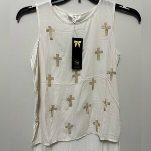 Iris Basic White Sleeveless Tank with Gold Studded Crosses
